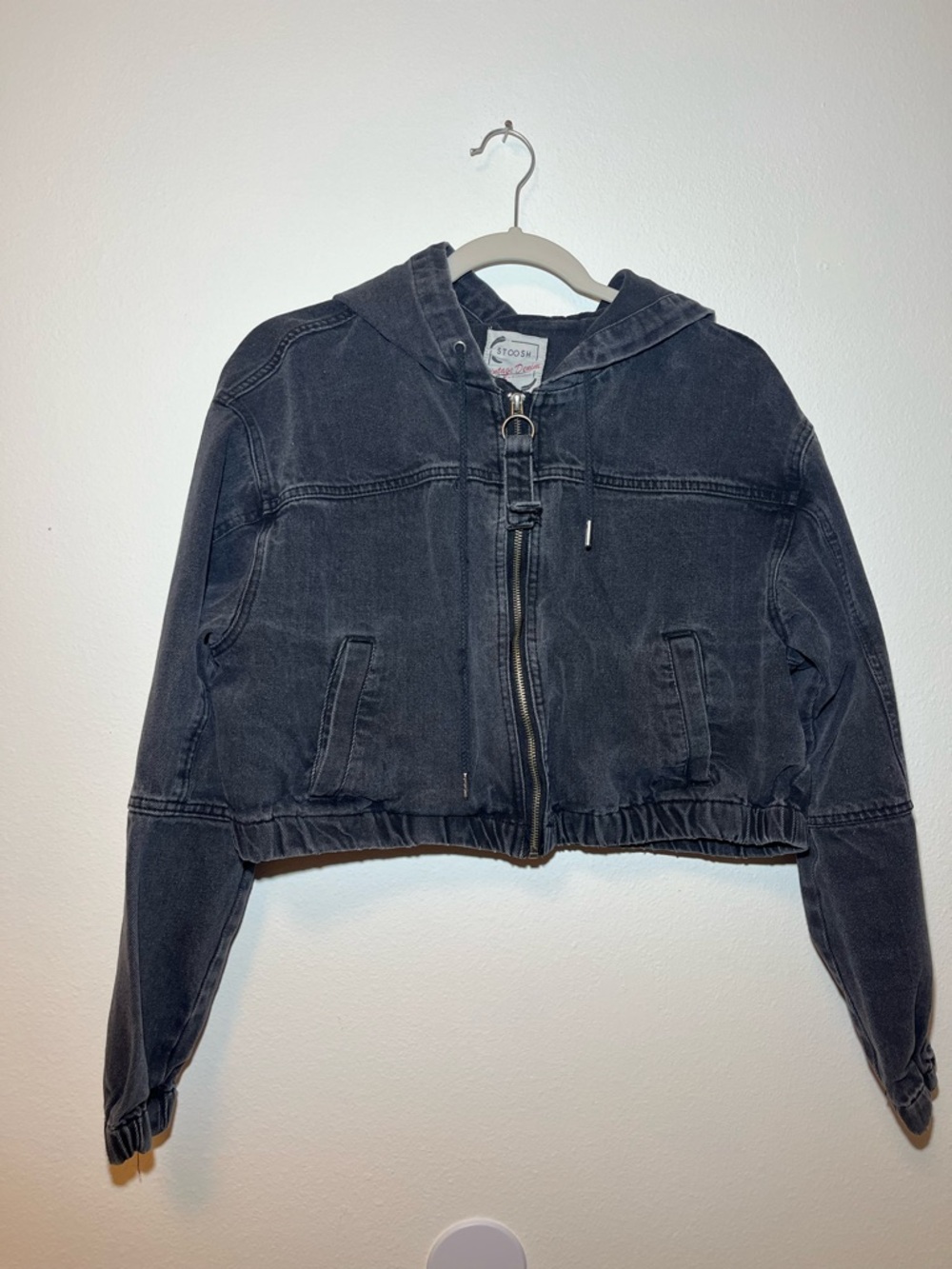 Stoosh Washed Hooded Black Denim Jean Jacket Cropped